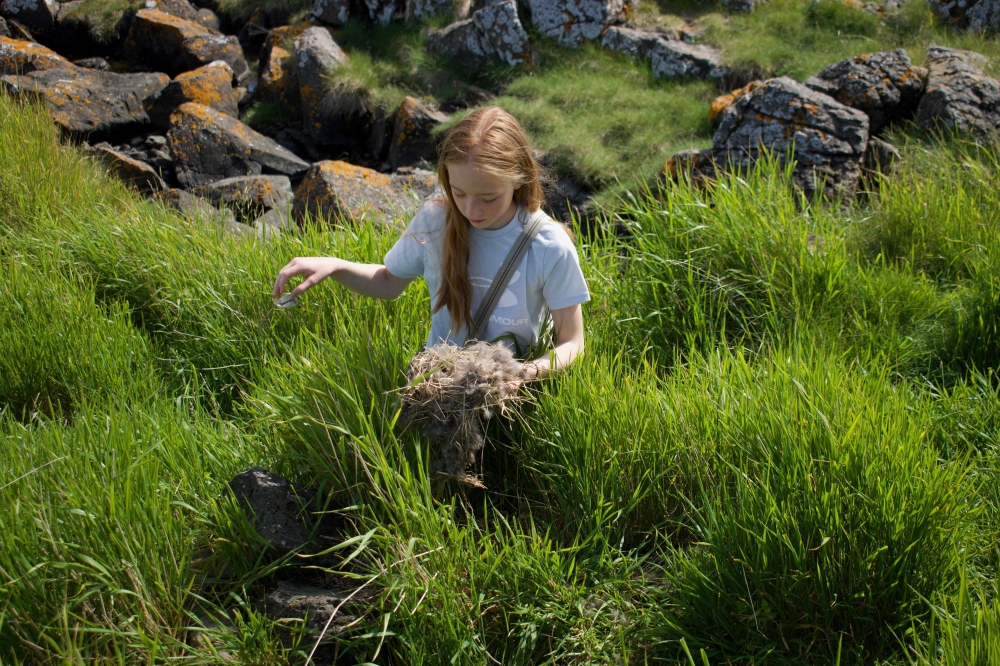 11-years-old Bryndis Jonsdottir, Erla Fridriksdottir痴 niece, removes an eggshell before harvesting eiderdown from an eider nest on the Bjarneyjar island in Breidafjordur Bay, Iceland, on July 4, 2021. On a remote island in Breidafjordur Bay off the west coast of Iceland, a thousand-year-old harvest takes place, a hunt for elusive eiderdown, which is used to make some of the world's best duvets and quilts. The handpicked down sells for thousands of euros a kilogram, catering to those looking for exclusive products.
 (Photo by Jeremie RICHARD / AFP)


