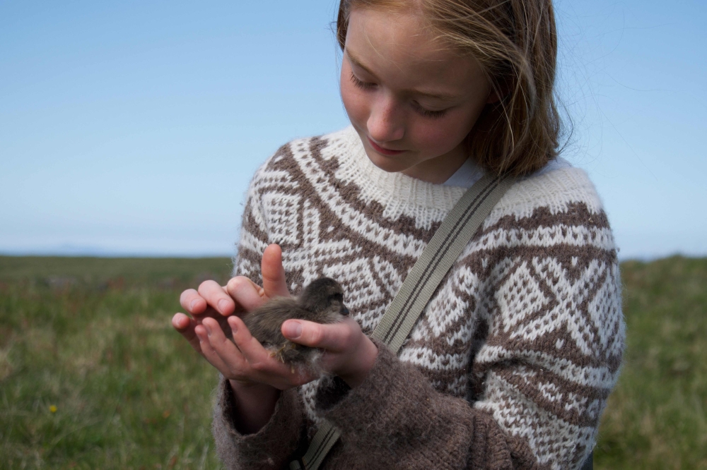 11-years-old Bryndis Jonsdottir, Erla Fridriksdottir痴 niece, cuddles an eider duckling on the Bjarneyjar island in Breidafjordur Bay, Iceland, on July 4, 2021. On a remote island in Breidafjordur Bay off the west coast of Iceland, a thousand-year-old harvest takes place, a hunt for elusive eiderdown, which is used to make some of the world's best duvets and quilts. The handpicked down sells for thousands of euros a kilogram, catering to those looking for exclusive products.
 (Photo by Jeremie RICHARD / AFP)

