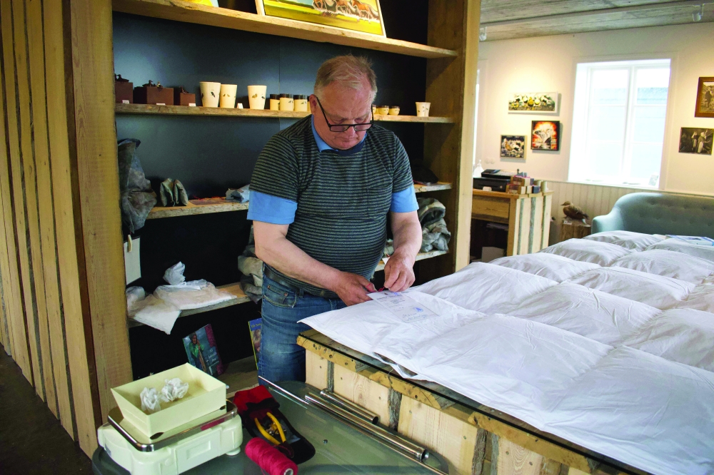 Quality inspector Asgeir Jonsson puts a quality certificate on a recently made eiderdown duvet at the King Eider company in Stykkisholmur, Iceland, on July 5, 2021. On a remote island in Breidafjordur Bay off the west coast of Iceland, a thousand-year-old harvest takes place, a hunt for elusive eiderdown, which is used to make some of the world's best duvets and quilts. The handpicked down sells for thousands of euros a kilogram, catering to those looking for exclusive products.
 (Photo by Jeremie RICHARD / AFP)

