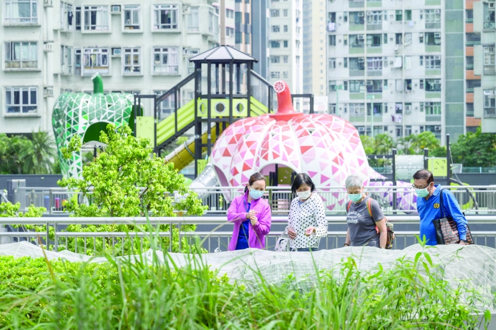 People visit the Sky Garden, a 1,200 square-metre rooftop garden on top of the Metropole Plaza shopping mall in Hong Kong. - AFP  