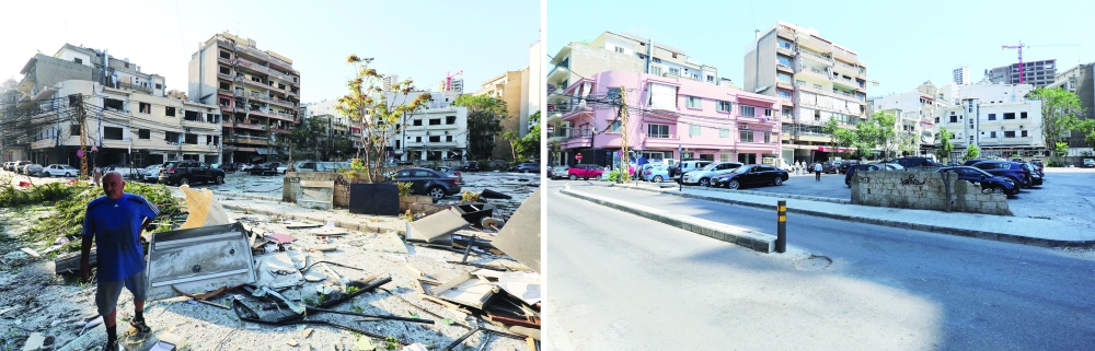 A combination picture shows the damage near the site of the August 4, 2020 explosion at Beirut's port and the same area after almost a year since the explosion. - Reuters