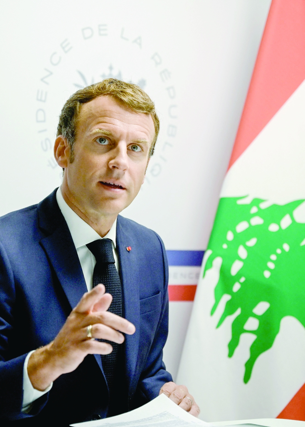 Franch President Emmanuel Macron at the Lebanon donors' conference at the Fort de Bregancon, at Bormes-Les-Mimosas, southern France, on Wednesday. - AFP 