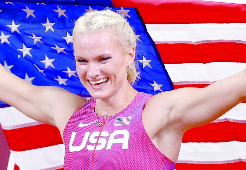 Katie Nageotte of the United States celebrates after winning gold. -- Reuters 