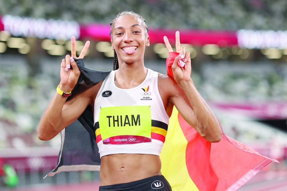 Belgium's Nafissatou Thiam reacts after winning the women's heptathlon. -- AFP