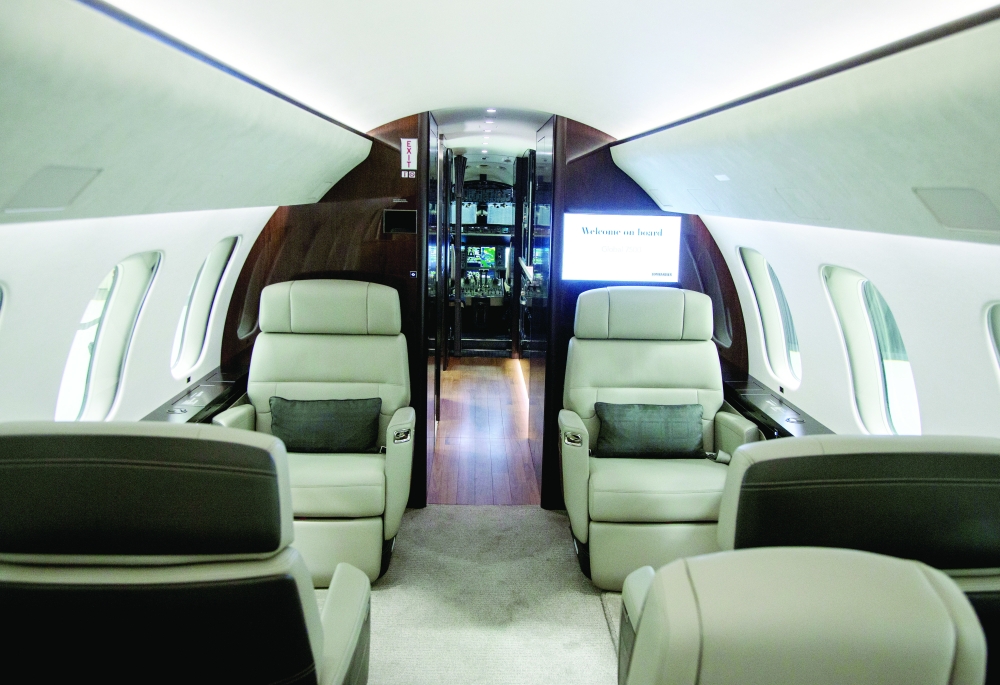 An interior view of Bombardier's Global 7500, the first business jet to have a queen-sized bed and hot shower, is shown during a media tour in Montreal. - Reuters  