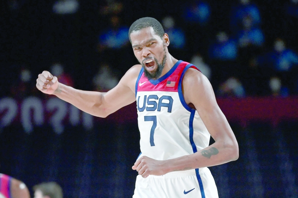 USA's Kevin Wayne Durant reacts during the men's final basketball match between France and USA of  the Tokyo 2020 Olympic Games. -- AFP

