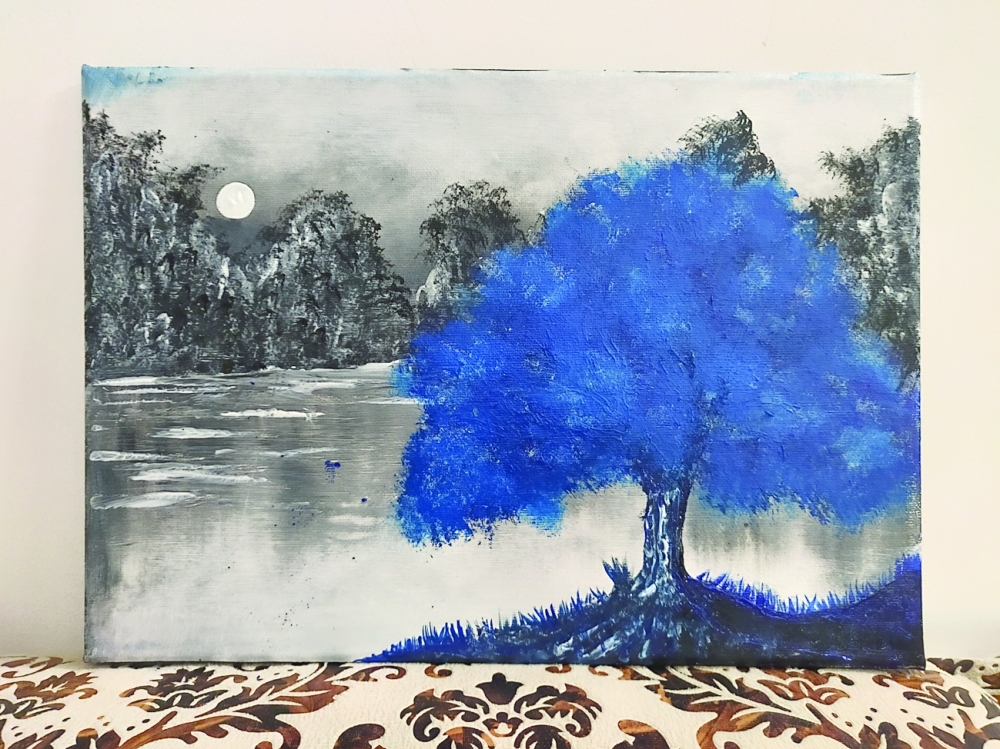 Blue tree and the Moon