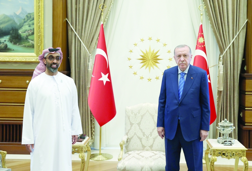 Turkish President Tayyip Erdogan meets with UAE National Security Adviser Sheikh Tahnoun bin Zayed Al Nahyan in Ankara. - Reuters