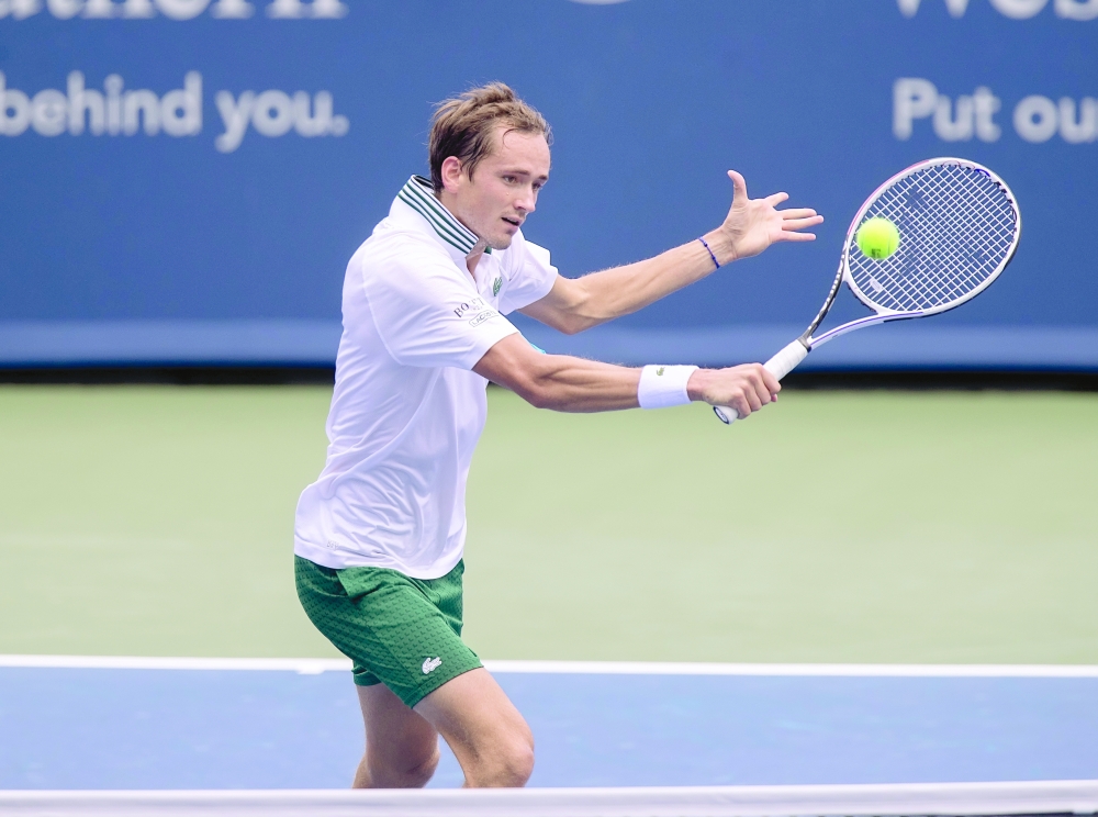 Daniil Medvedev (RUS) in action during his match against Grigor Dimitrov (BUL, not pictured) during the Western and Southern Open at the Lindner Family Tennis Center. -- USA Today Sports
