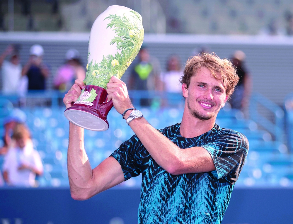 Alexander Zverev (GER) holds the Rookwood Cup after defeating Andrey Rublev (RUS) in the final. -- USA Today Sports 
