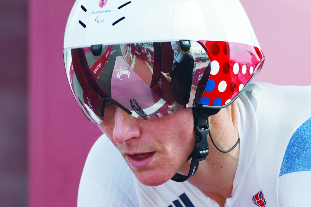 Sarah Storey of Britain competes in the women's cycling road individual C5 time trial. -- Reuters 