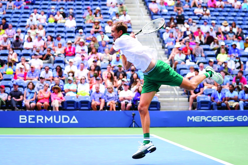 Sep 3, 2021; Flushing, NY, USA; Daniil Medvedev of Russia hits to Pablo Andujar of Spain on day five of the 2021 U.S. Open tennis tournament at USTA Billie Jean King National Tennis Center. Mandatory Credit: Danielle Parhizkaran-USA TODAY Sports
