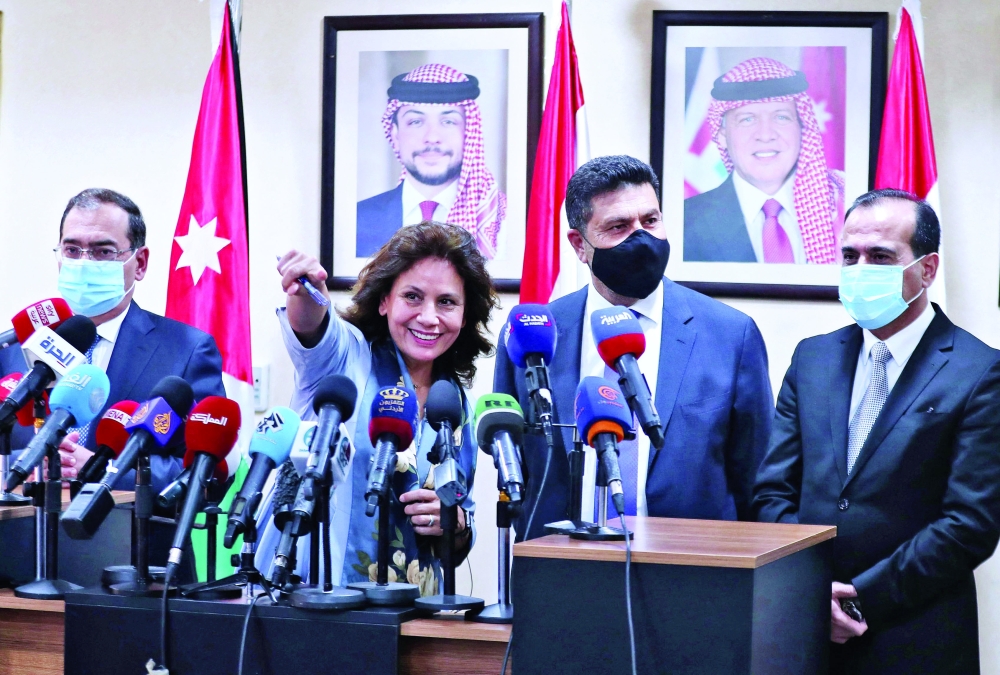 From left: Egypt’s Minister of Petroleum and Mineral Resources Tarek el Molla, Jordan’s Minister of Energy and Mineral Resources Hala Zawati, Lebanon’s Energy Minister Raymond Ghajar, and Syria’s Minister of Oil and Mineral Resources Bassam Tohme give a joint press conference in Jordan’s capital Amman on Wednesday. — AFP