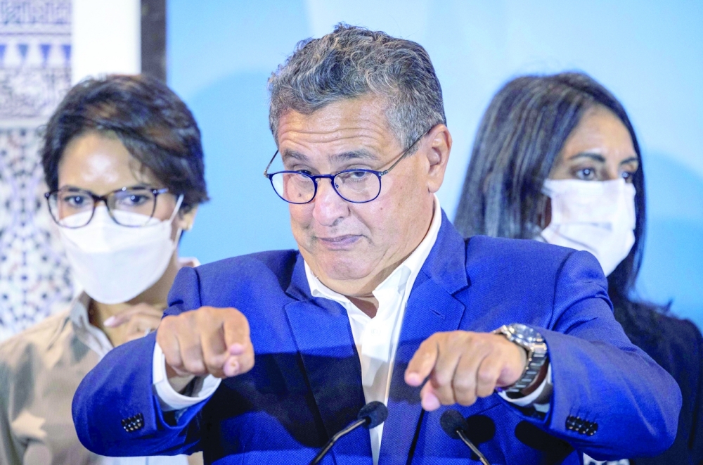President of Morocco's National Rally of Independents (RNI) Aziz Akhannouch, reacts during a press conference in the capital Rabat, after his party came in first in parliamentary and local elections, on Thursday.-- AFP