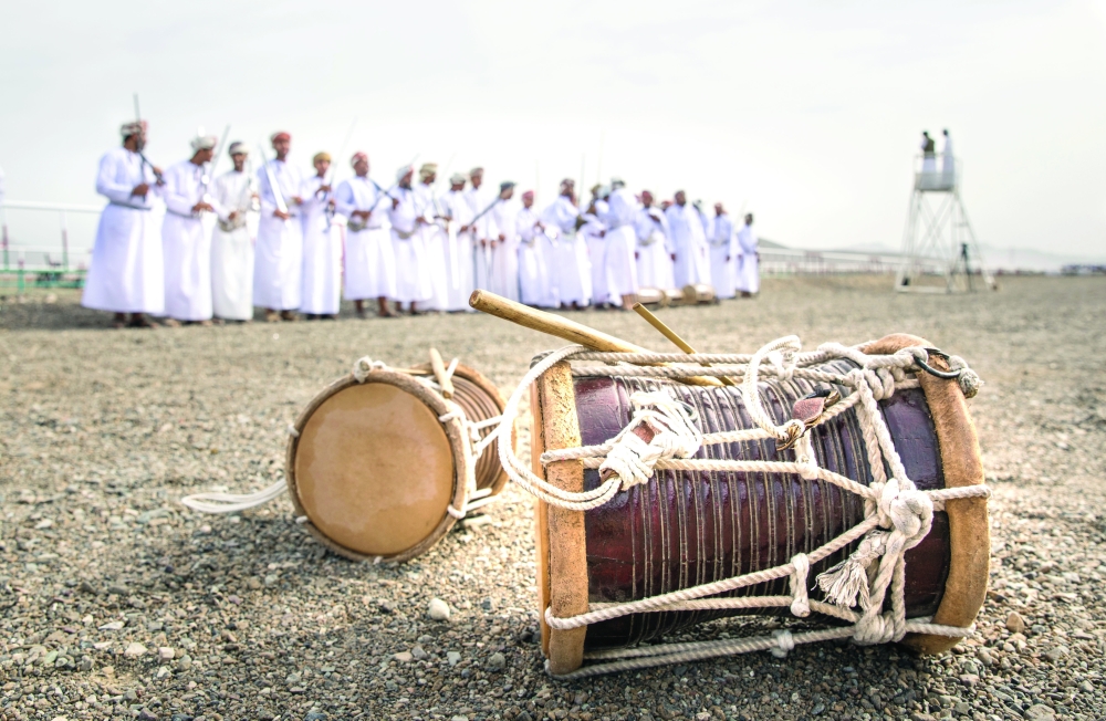 Traditional,Drums,On,A,Ground,With,Omani,Men,Lined,Up