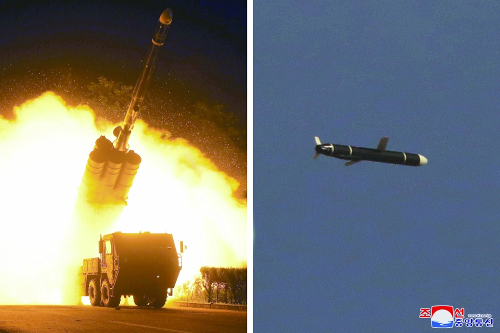 The Academy of National Defence Science conducts long-range cruise missile tests in North Korea, as pictured in this combination of undated photos supplied by North Korea's Korean Central News Agency (KCNA) on Monday. - Reuters