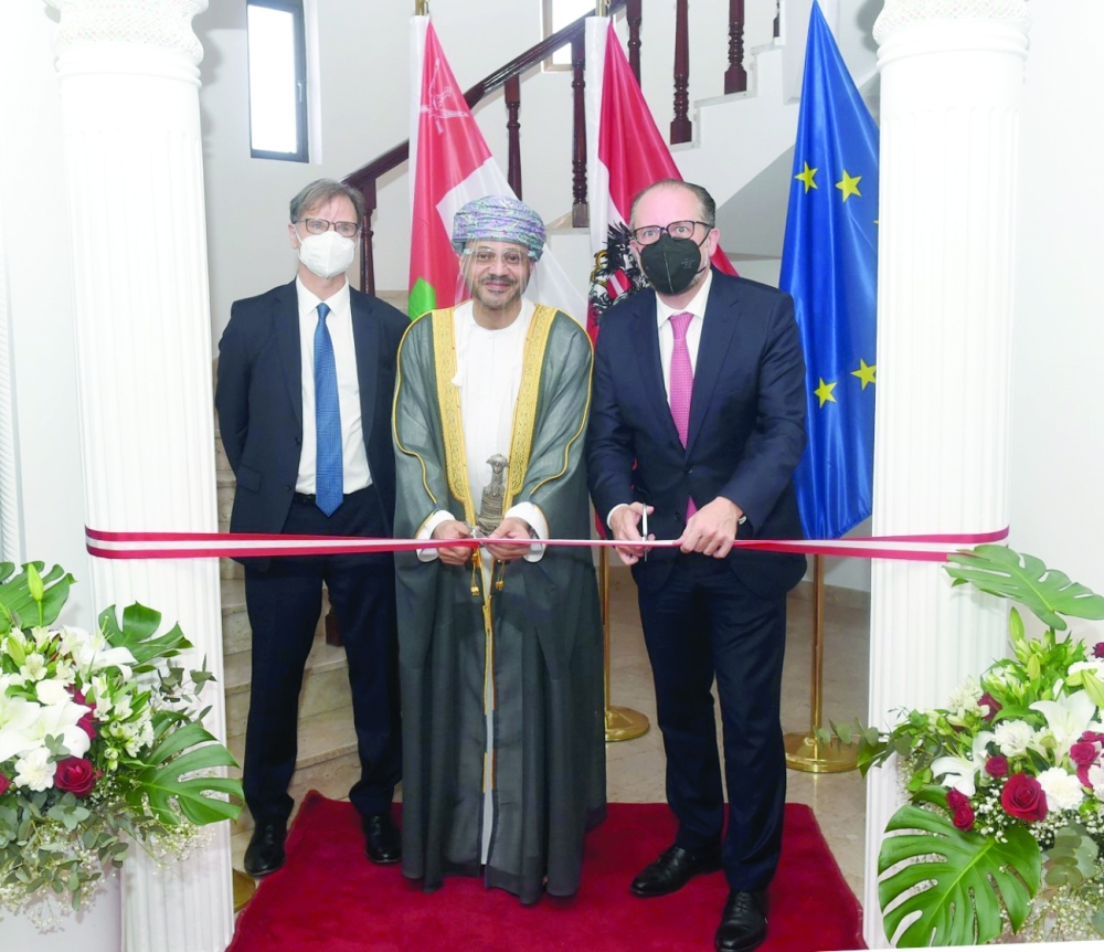 Alexander Schallenberg and Sayyid Badr opening the new premises of the Austrian Embassy in Muscat on Monday. - ONA