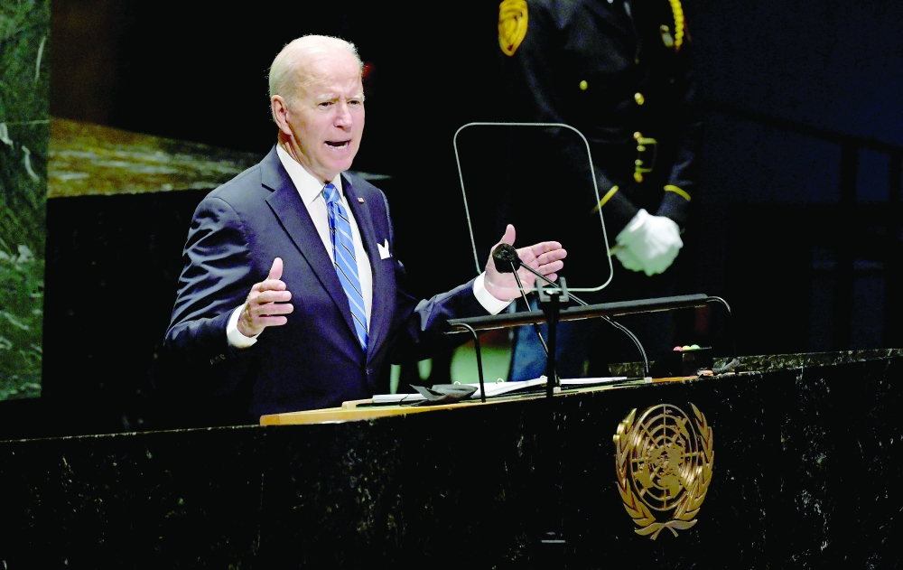 US President Joe Biden speaks during the 76th Session of the General Assembly at UN Headquarters in New York on Tuesday. - Reuters