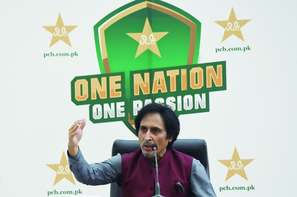 PCB Chairman Ramiz Raja during a news conference in Lahore. -- Reuters