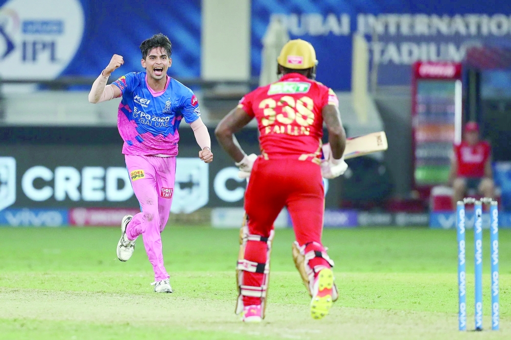 Kartik Tyagi of Rajasthan Royals celebrates the wicket of Fabian Allen of Punjab Kings in the final over to win the game. -- BCCI