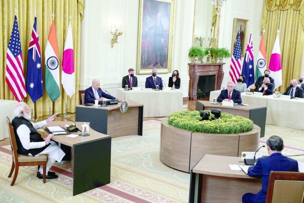 Indian Prime Minister Narendra Modi speaks during a 'Quad nations' meeting at the Leaders' Summit of the Quadrilateral Framework hosted by US President Joe Biden with Australia's Prime Minister Scott Morrison and Japan's Prime Minister Yoshihide Suga in the East Room at the White House in Washington. -- Reuters
