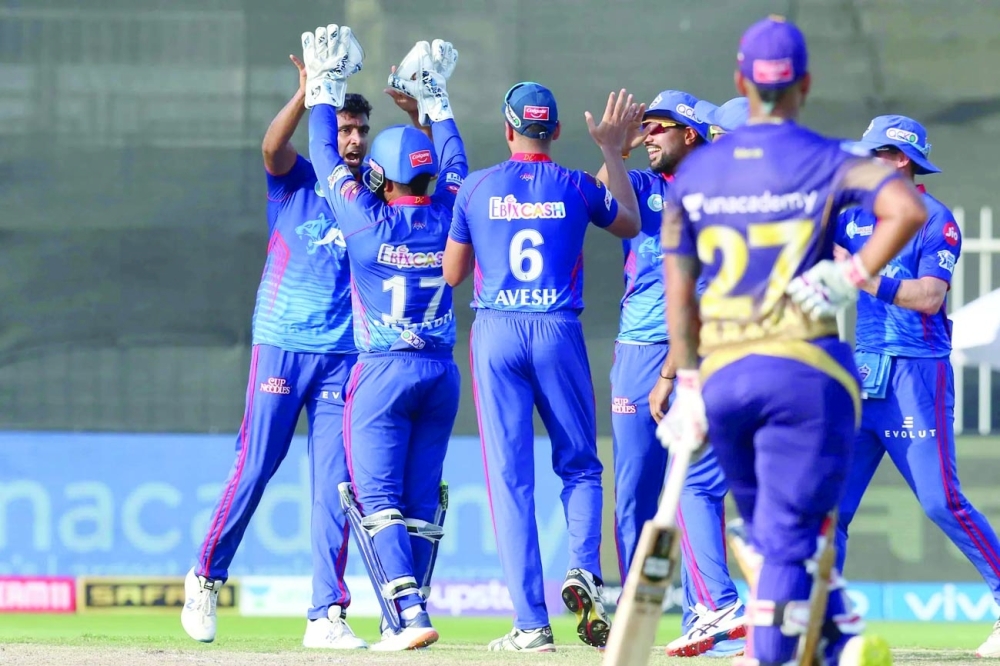Ravichandran Ashwin of Delhi Capitals celebrates the wicket of Eoin Morgan, captain of Kolkata Knight Riders. -- BCCI
