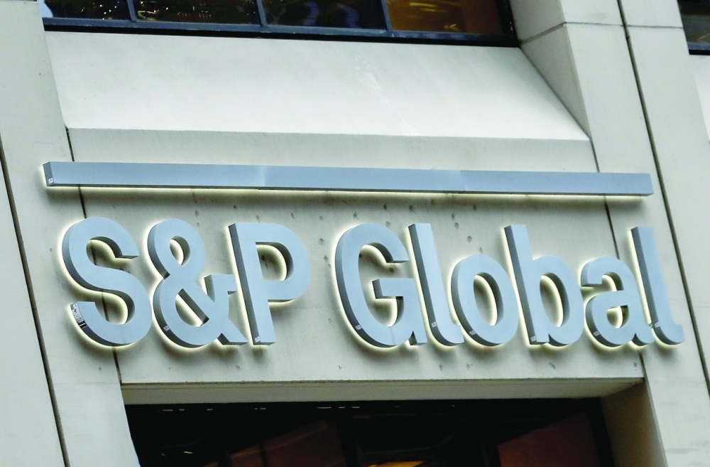 The S&P Global logo is displayed on its offices in the financial district in New York City