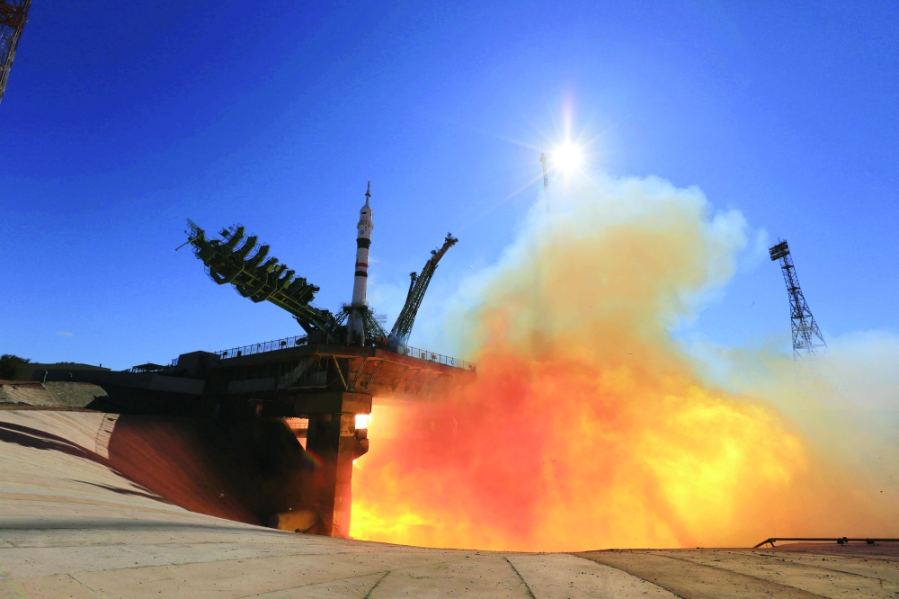 The Soyuz MS-19 spacecraft carrying the crew blasts off to the International Space Station (ISS) from the launchpad at the Baikonur Cosmodrome, - Reuters