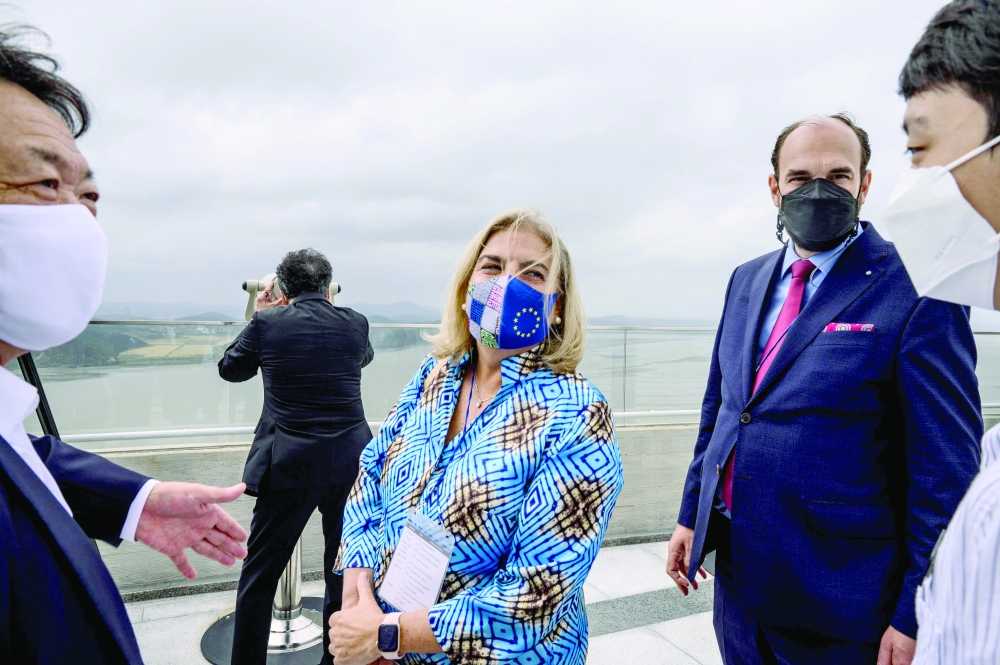 European Union Ambassador to South Korea Maria Castillo Fernandez (C) and other delegates visit an observation deck at Aeigibong Peace Ecopark in Gimpo, Gyeonggi Province on Tuesday. - AFP