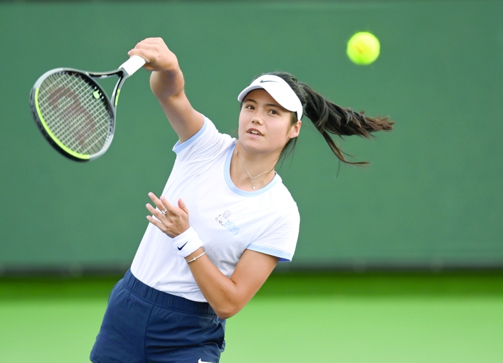 Oct 6, 2021; Indian Wells, CA, USA; Emma Raducanu (GBR) plays on the practice courts during the BNP Paribas Open at the Indian Wells Tennis Garden. Mandatory Credit: Jayne Kamin-Oncea-USA TODAY Sports
