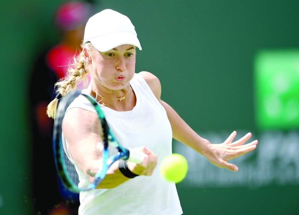 Oct 6, 2021; Indian Wells, CA, USA; Yulia Putintseva (KAZ) during her first round match as she defeated Andrea Petkovic (not pictured) during the BNP Paribas Open at the Indian Wells Tennis Garden. Mandatory Credit: Jayne Kamin-Oncea-USA TODAY Sports
