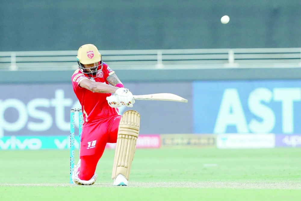 KL Rahul of Punjab Kings hits a boundary against Chennai Super Kings in Dubai. -- BCCI
