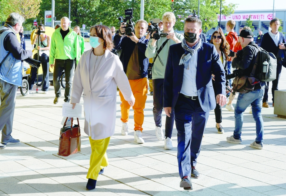 Green Party member Annalena Baerbock arrives for exploratory talks to build a new German government coalition. -- Reuters