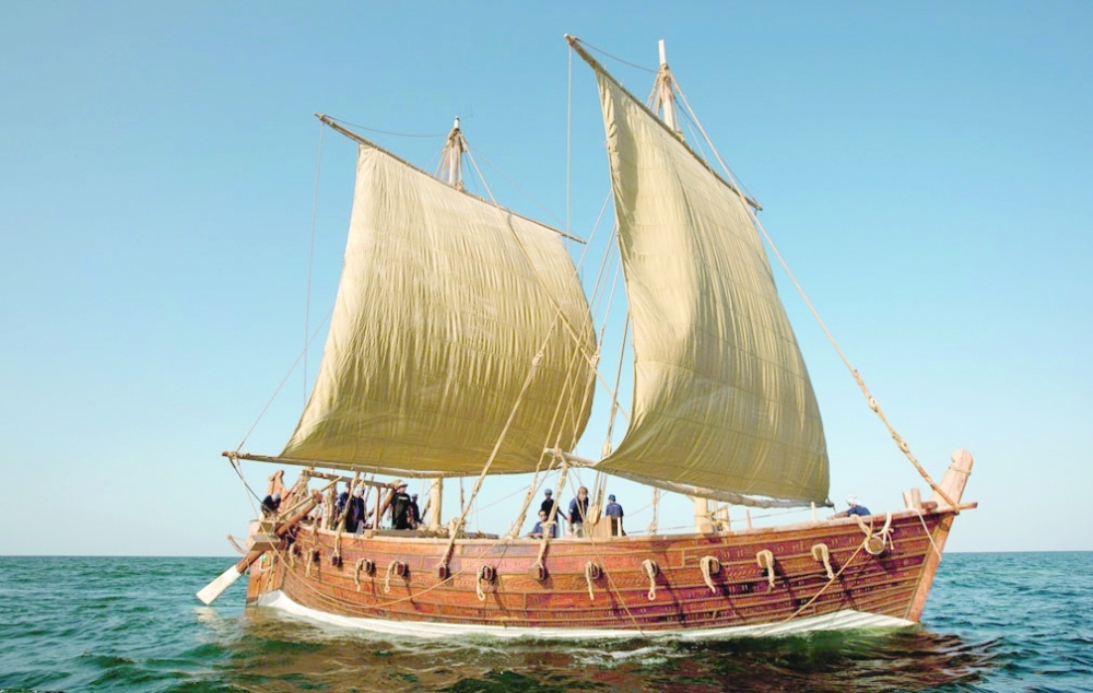 The Jewel of Muscat, a replica of a ninth century Omani trading ship. The ship was built in a traditional manner that uses coconut fibers (but no nails) to hold the ship together. In 1991, the ship sailed in old routes used by Arab traders.
