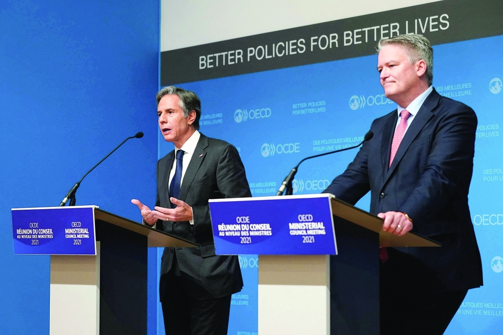 US Secretary of State Antony Blinken speaks during a press briefing with the Secretary-General of the Organization for Economic Cooperation and Development Mathias Cormann at the OECD Ministerial Council Meeting in Paris. - AFP


