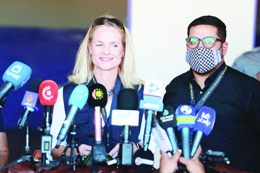 Chief Observer of the European Union Election Observation Mission to Iraq, Viola von Cramon, speaks to the press at a polling station in Baghdad on Sunday. - AFP
