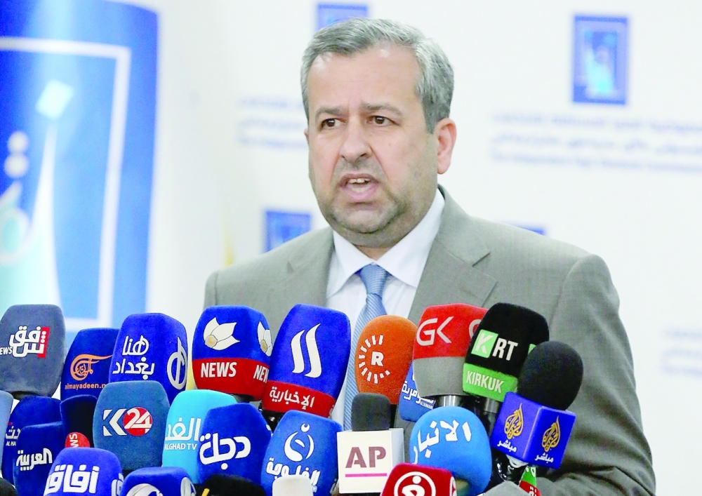 Judge Jalil Adnan Khalaf, chairman of Iraq's Independent High Electoral Commission, speaks in Baghdad on Monday. - AFP