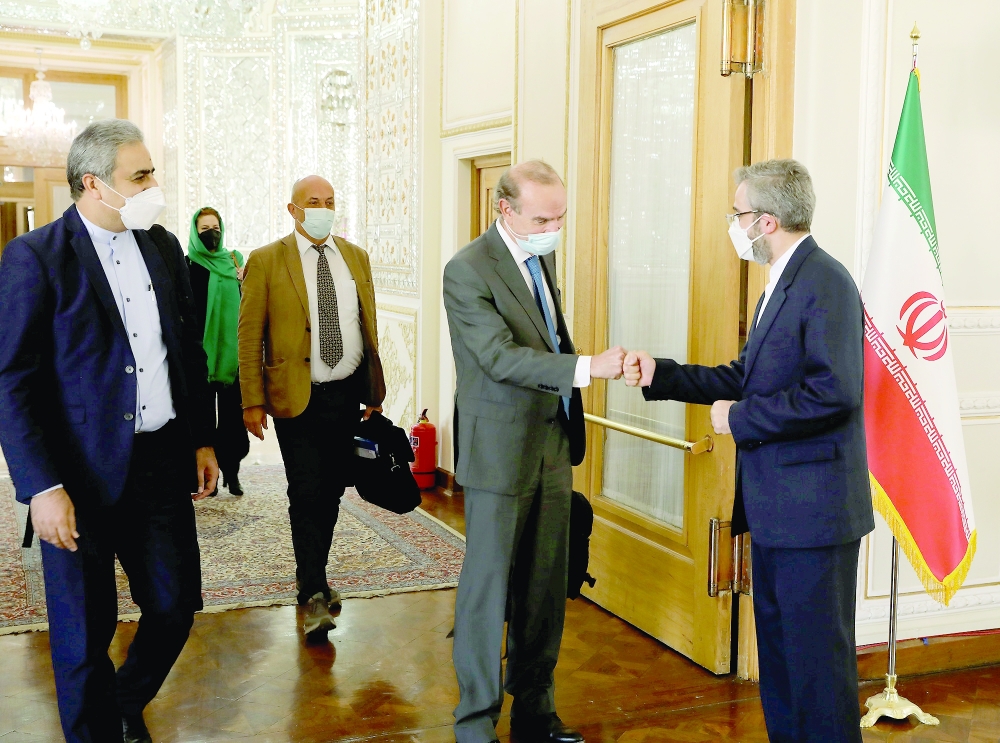 Ali Bagheri, Iran's Deputy Foreign Minister of Iran, with Enrique Mora, Deputy Secretary General of the European External Action Service (EEAS), in Tehran on Thursday. -- Reuters