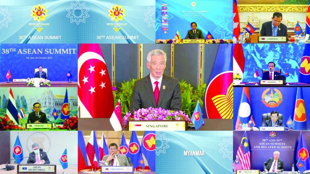 Singapore's Prime Minister Lee Hsien Loong speaks during the virtual Asean Summit, hosted by Asean Summit Brunei, in Bandar Seri Begawan, Brunei, on Tuesday. - Reuters