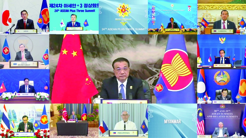 Chinese Premier Li Keqiang speaks during the virtual Asean Plus Three Summit, hosted by Asean Summit Brunei, in Bandar Seri Begawan, Brunei, on Wednesday. - Reuters