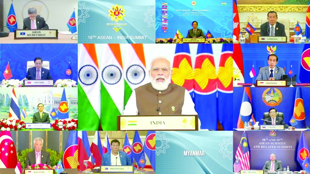Indian Prime Minister Narendra Modi speaks during the virtual Asean India Summit, hosted by Asean Summit Brunei, in Bandar Seri Begawan, Brunei on Thursday. - Reuters 