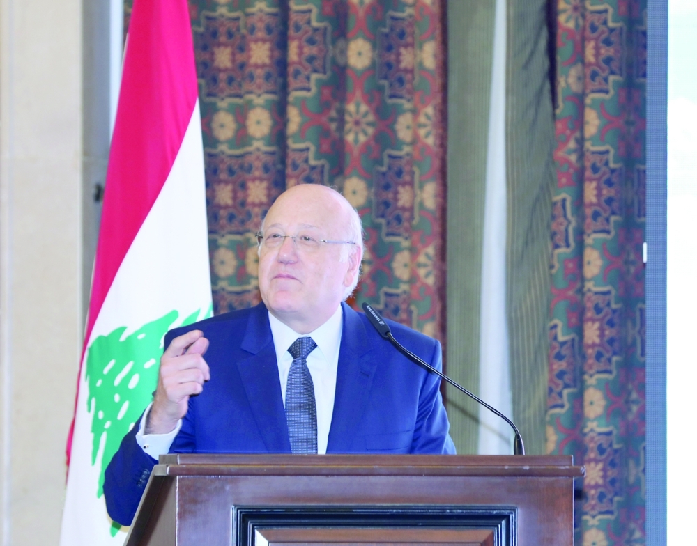 Prime Minister Najib Mikati speaks at the government palace in Beirut on Thursday. - Reuters