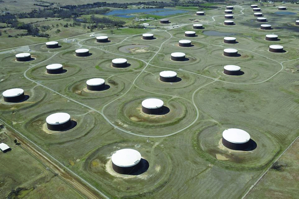 Crude oil storage tanks are seen from above at the Cushing oil hub, in Cushing, Oklahoma. — Reuters
