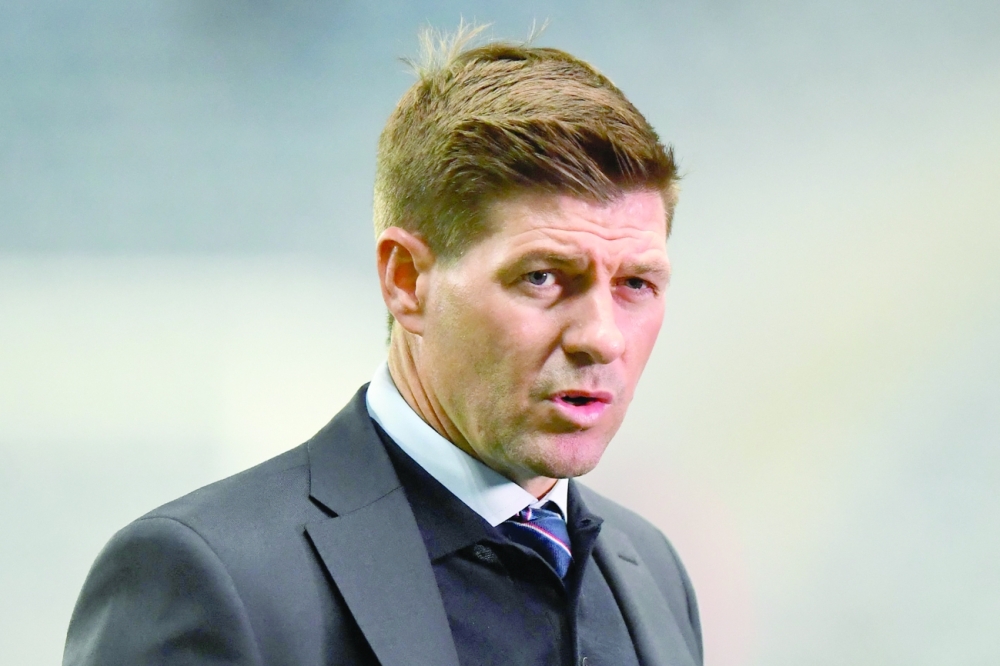 In this file photo taken on October 21, 2021 Rangers' manager Steven Gerrard gives an interview ahead of the UEFA Europa League group A match in Glasgow. -- AFP