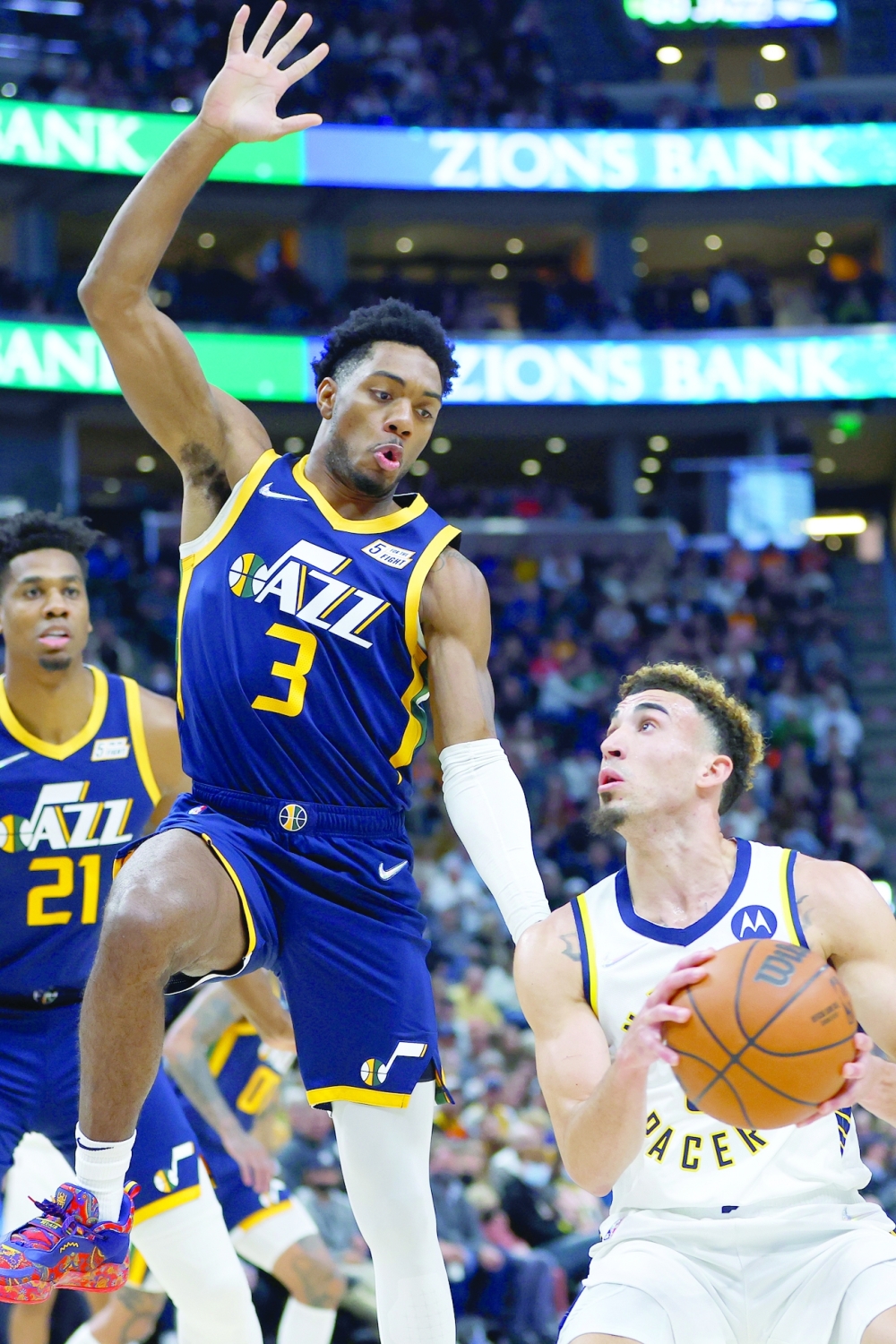 Indiana Pacers guard Chris Duarte (3) drives against Utah Jazz guard Trent Forrest (3) in the second quarter at Vivint Arena. -- USA Today Sports
