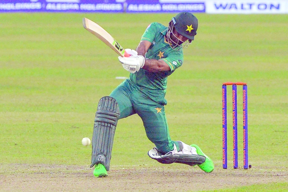 Pakistan's Fakhar Zaman plays a shot during the first Twenty20 international cricket match between Bangladesh and Pakistan at the Sher-e-Bangla National Cricket Stadium in Dhaka. -- AFP