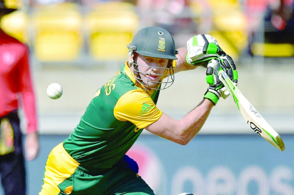 In this file photo taken on March 12, 2015 South African captain AB de Villiers plays a shot during the Cricket World Cup Pool B match. -- AFP