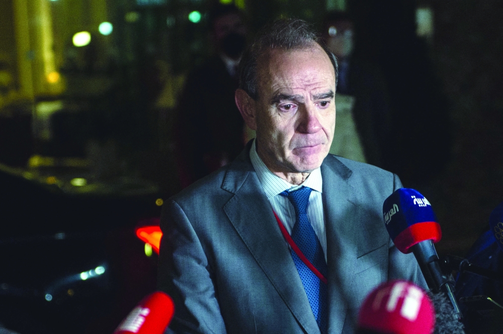Deputy Secretary General of the European External Action Service (EEAS) Enrique Mora speaks to journalists after a meeting of the Joint Comprehensive Plan of Action (JCPOA) in Vienna. - AFP
