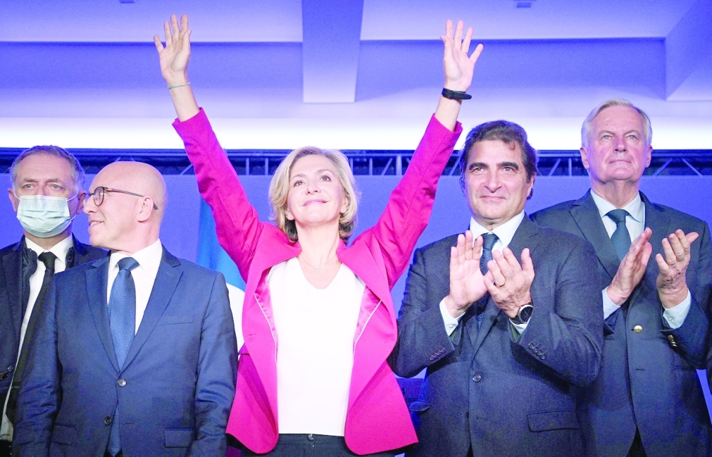 Les Republicains right-wing party's head of the Ile-de-France region and candidate for the 2022 presidential election Valerie Pecresse celebrates after she won LR's primary in Paris. - AFP
