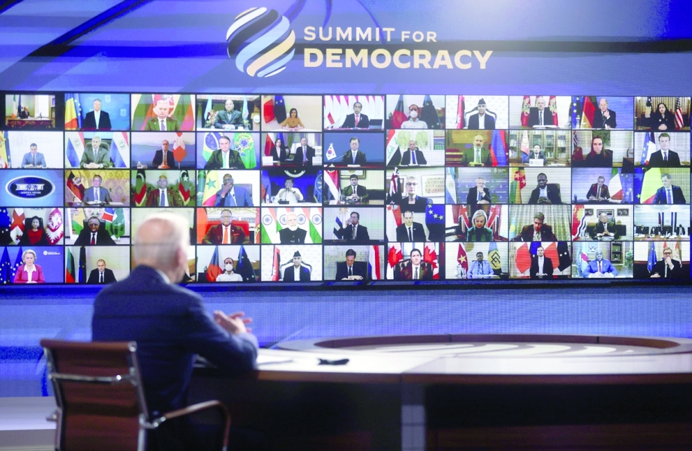 US President Joe Biden convenes a virtual summit with leaders from democratic nations at the State Department's Summit for Democracy, at the White House in Washington. - Reuters